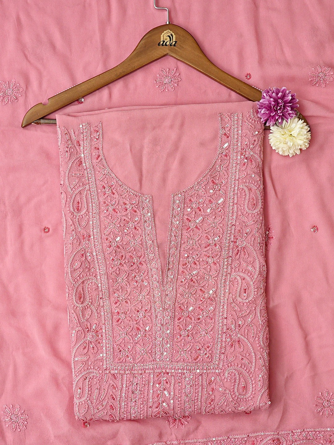Ada Hand Embroidered Pink Viscose Georgette Lucknowi Chikankari Unstitched Kurta Dupatta Set With Cutdana Work 01A724423
