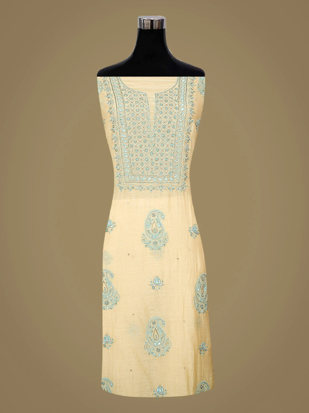 Ada Hand Embroidered Yellow Chanderi Lucknowi Chikankari Unstitched Kurta Dupatta Set With Cutdana Work 01A682753