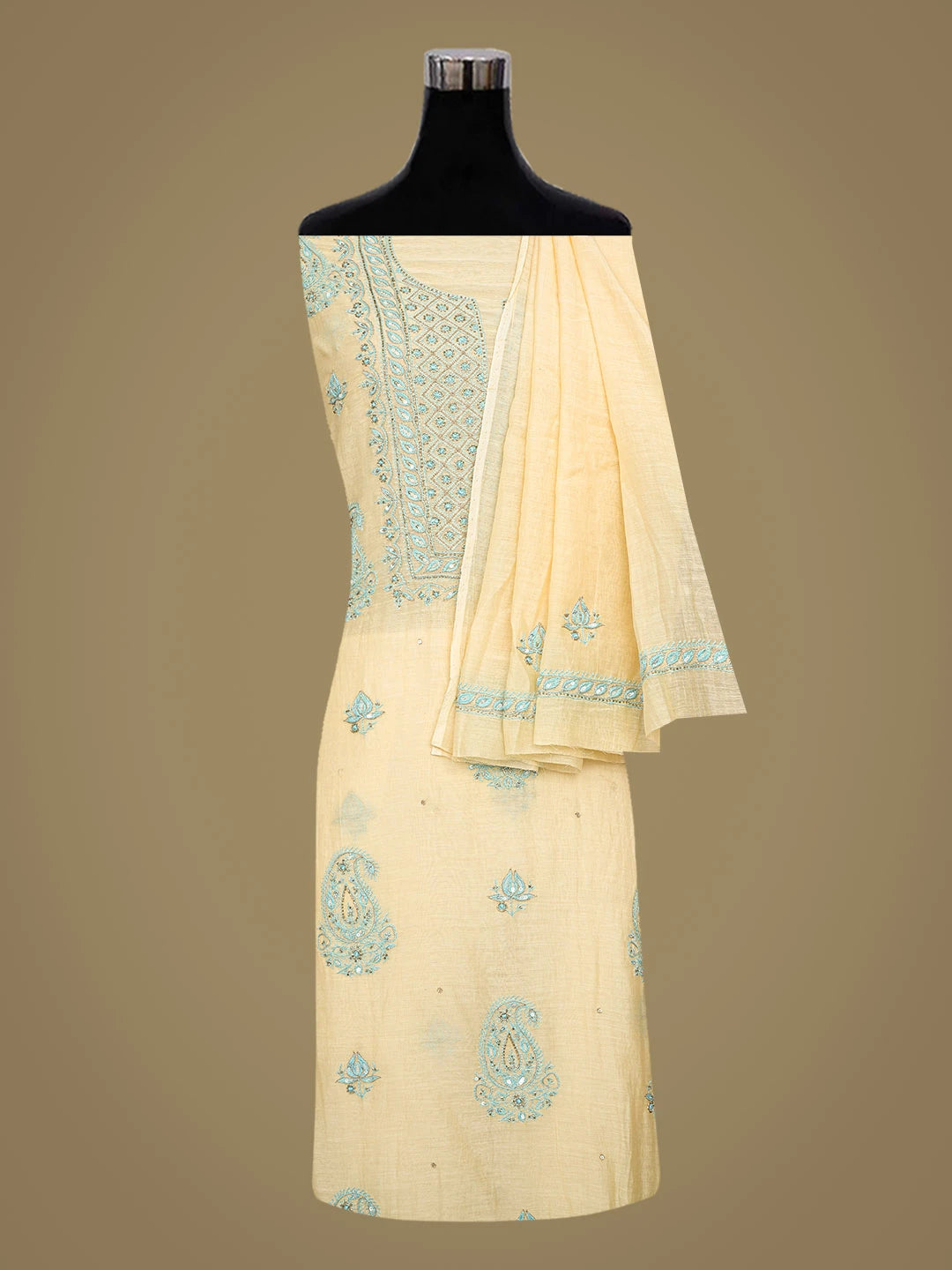 Ada Hand Embroidered Yellow Chanderi Lucknowi Chikankari Unstitched Kurta Dupatta Set With Cutdana Work 01A682753