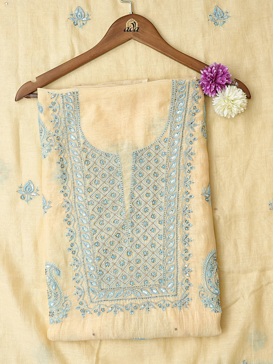 Ada Hand Embroidered Yellow Chanderi Lucknowi Chikankari Unstitched Kurta Dupatta Set With Cutdana Work 01A682753