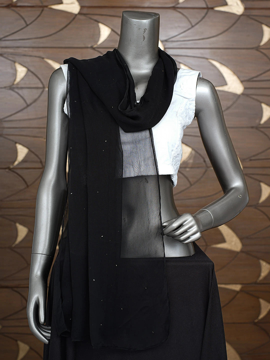 Ada Hand Embroidered Black Chiffon Lucknowi Chikankari Dupatta With Mukaish Work 01A656964