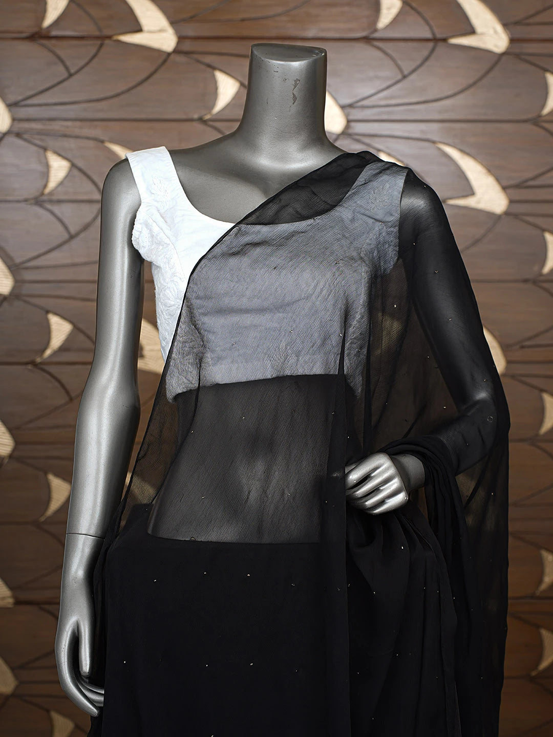 Ada Hand Embroidered Black Chiffon Lucknowi Chikankari Dupatta With Mukaish Work 01A656964