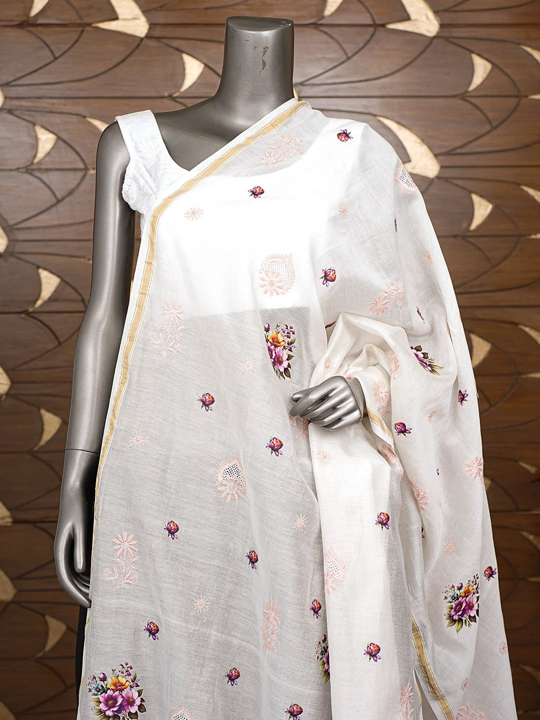 Ada Hand Embroidered Floral Printed White Chanderi Lucknowi Chikankari Dupatta 01A650916