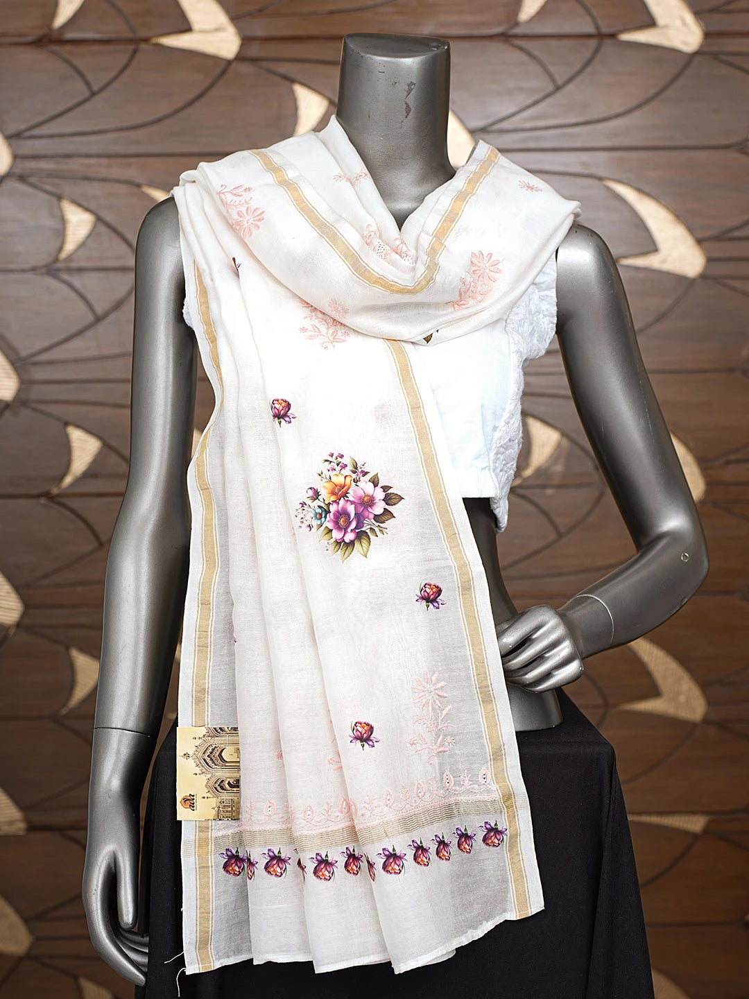 Ada Hand Embroidered Floral Printed White Chanderi Lucknowi Chikankari Dupatta 01A650916
