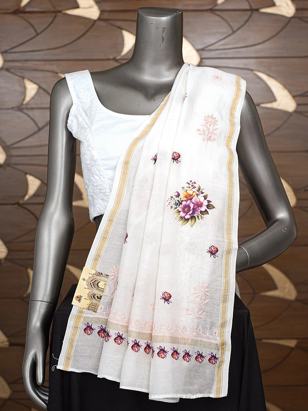 Ada Hand Embroidered Floral Printed White Chanderi Lucknowi Chikankari Dupatta 01A650916
