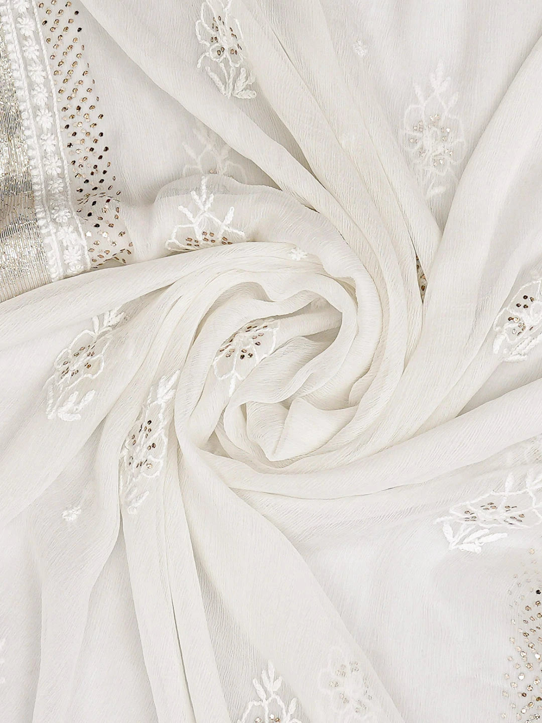Ada Hand Embroidered White Chiffon Lucknowi Chikankari Dupatta With Mukaish Work 01A721860
