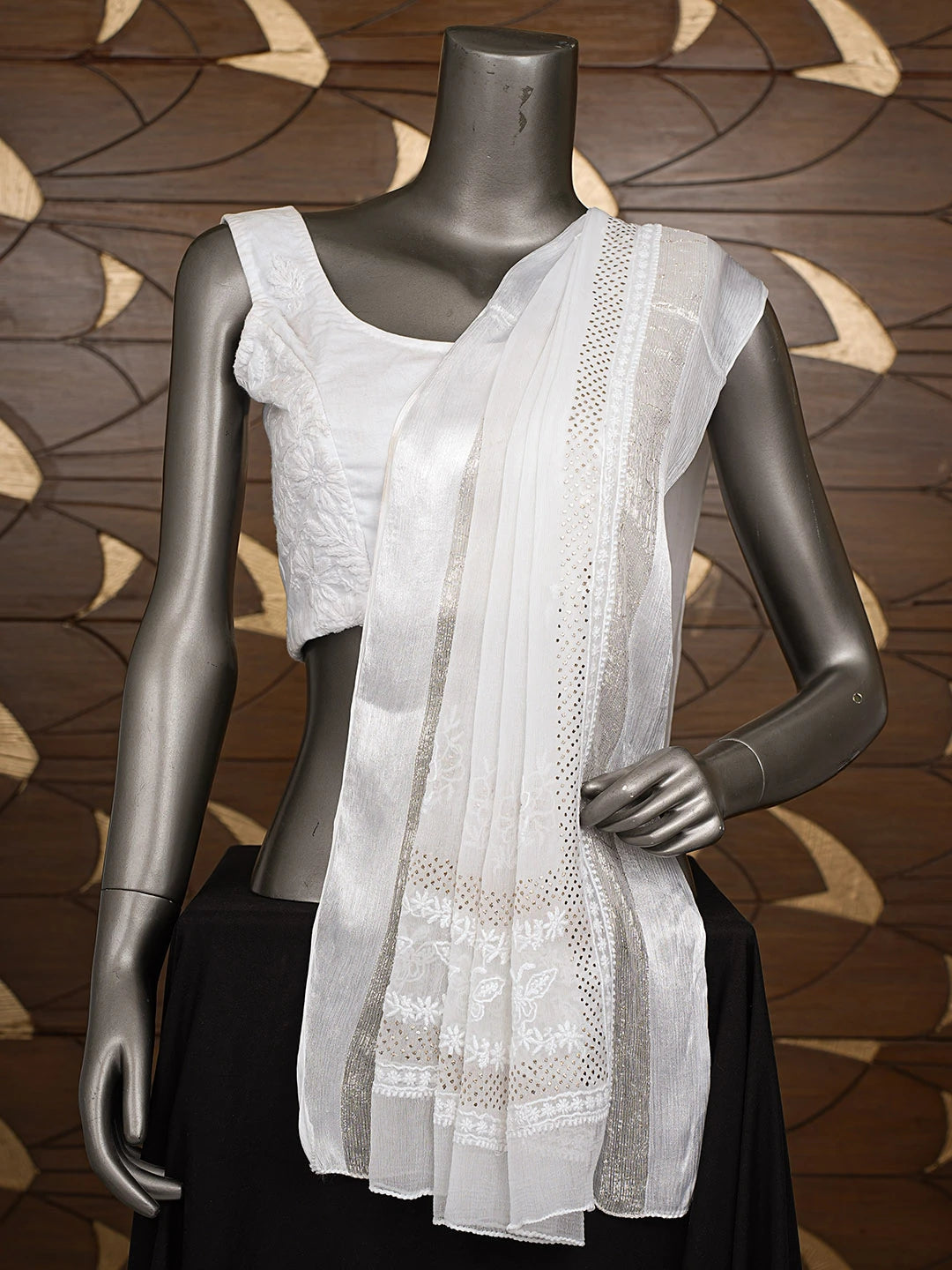 Ada Hand Embroidered White Chiffon Lucknowi Chikankari Dupatta With Mukaish Work 01A721860