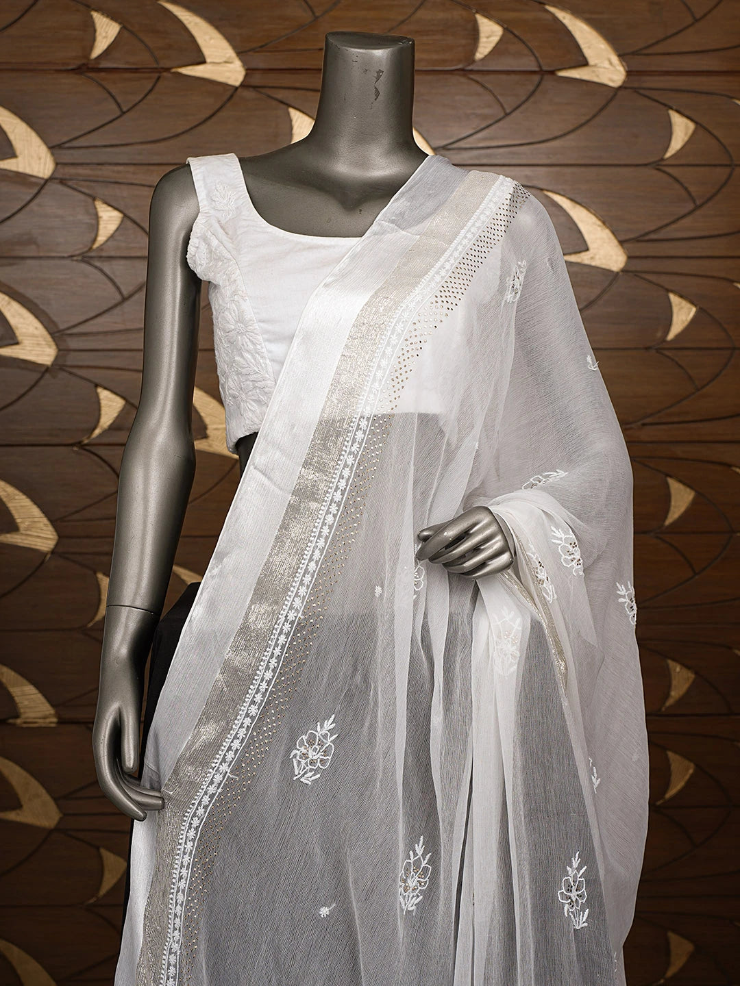 Ada Hand Embroidered White Chiffon Lucknowi Chikankari Dupatta With Mukaish Work 01A721860