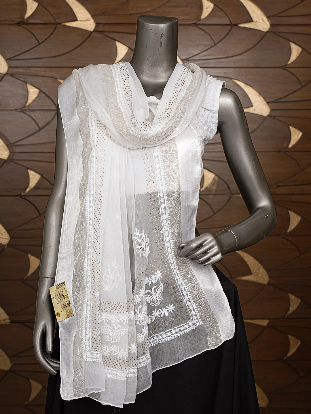 Ada Hand Embroidered White Chiffon Lucknowi Chikankari Dupatta With Mukaish Work 01A721860