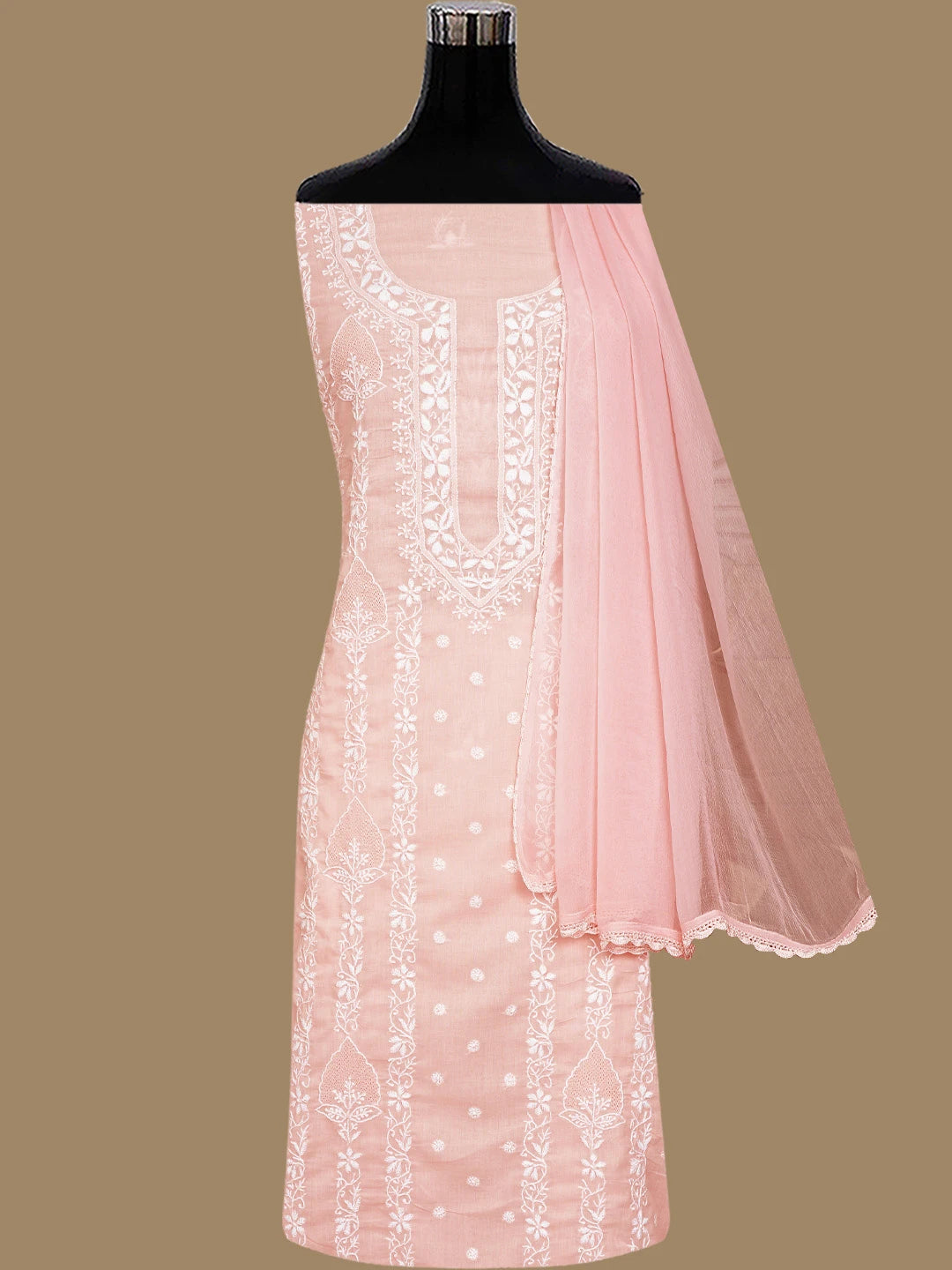 Ada Hand Embroidered Peach Cotton Lucknowi Chikankari Unstitched Suit Piece 01A773502