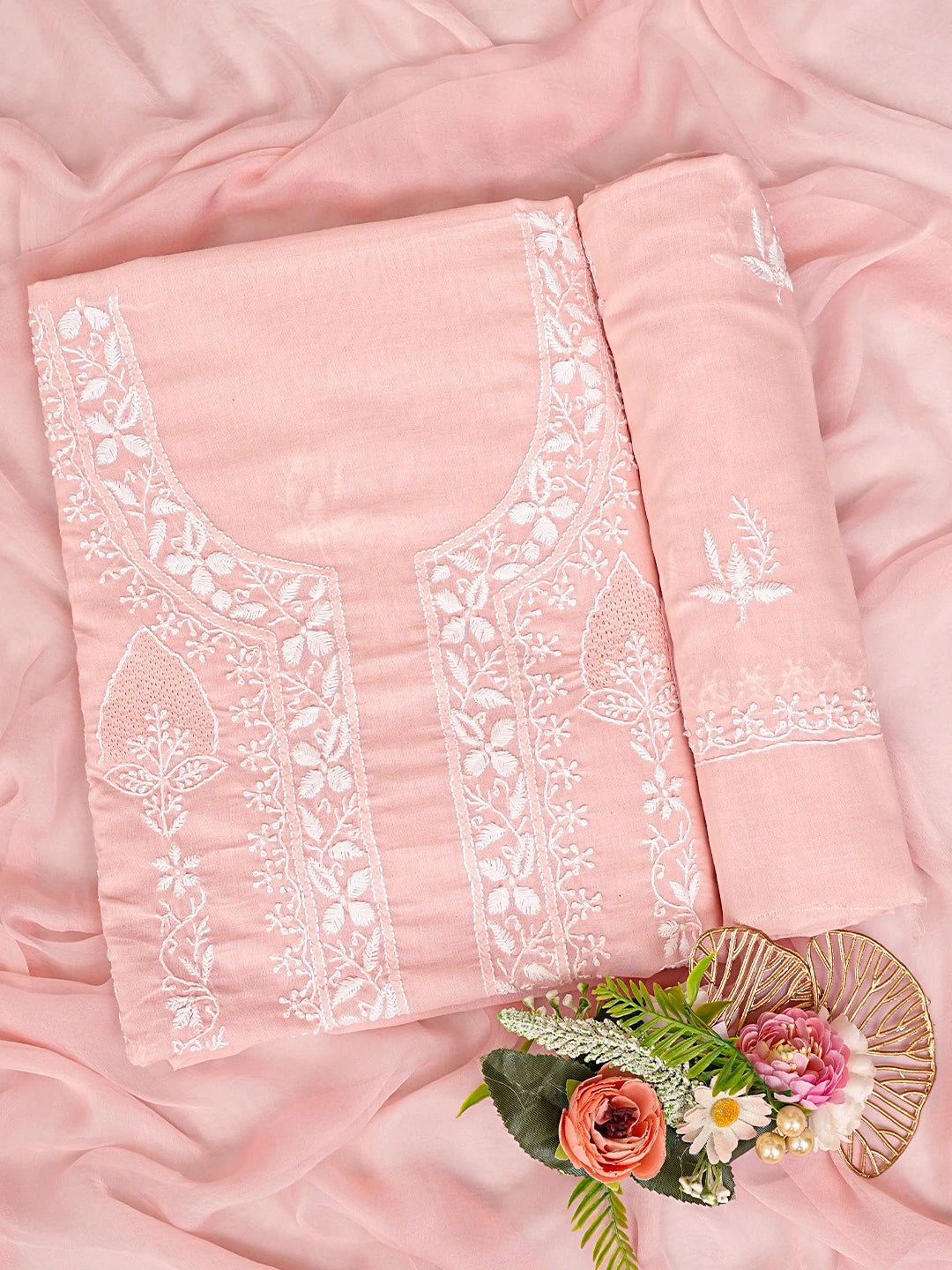 Ada Hand Embroidered Peach Cotton Lucknowi Chikankari Unstitched Suit Piece 01A773502