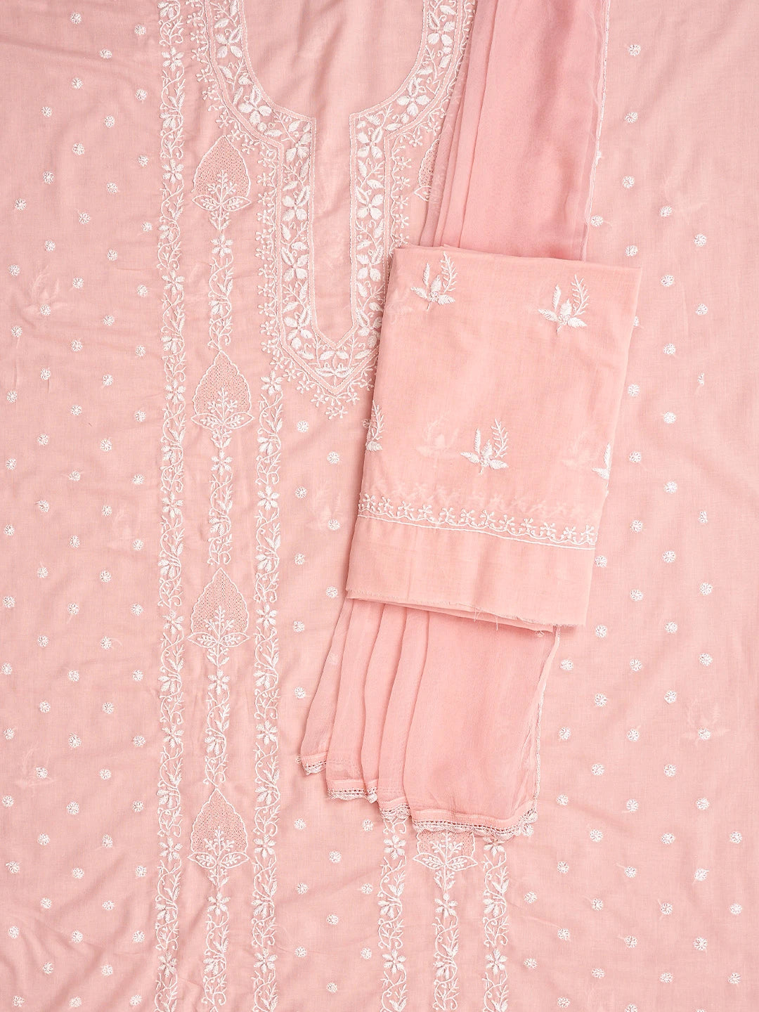 Ada Hand Embroidered Peach Cotton Lucknowi Chikankari Unstitched Suit Piece 01A773502