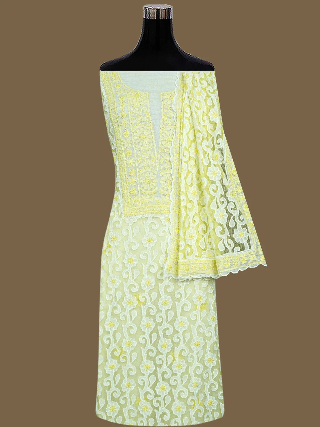 Ada Hand Embroidered White Cotton Lucknowi Chikankari Unstitched Kurta Dupatta Set 01A743508