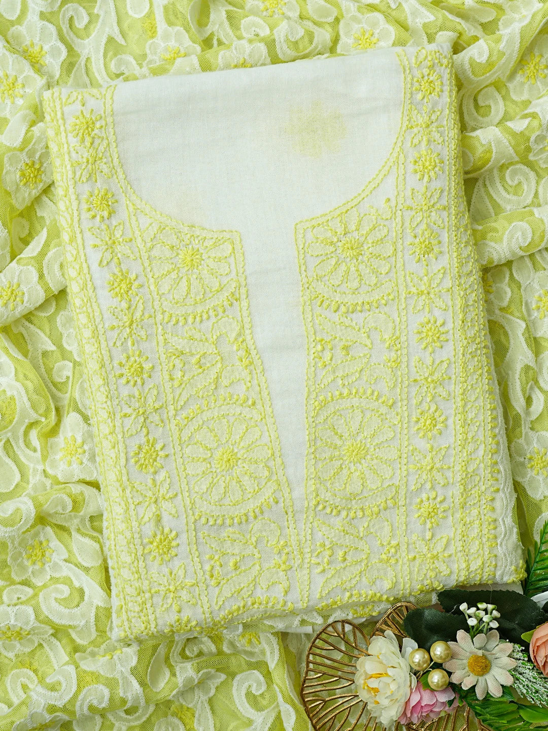 Ada Hand Embroidered White Cotton Lucknowi Chikankari Unstitched Kurta Dupatta Set 01A743508