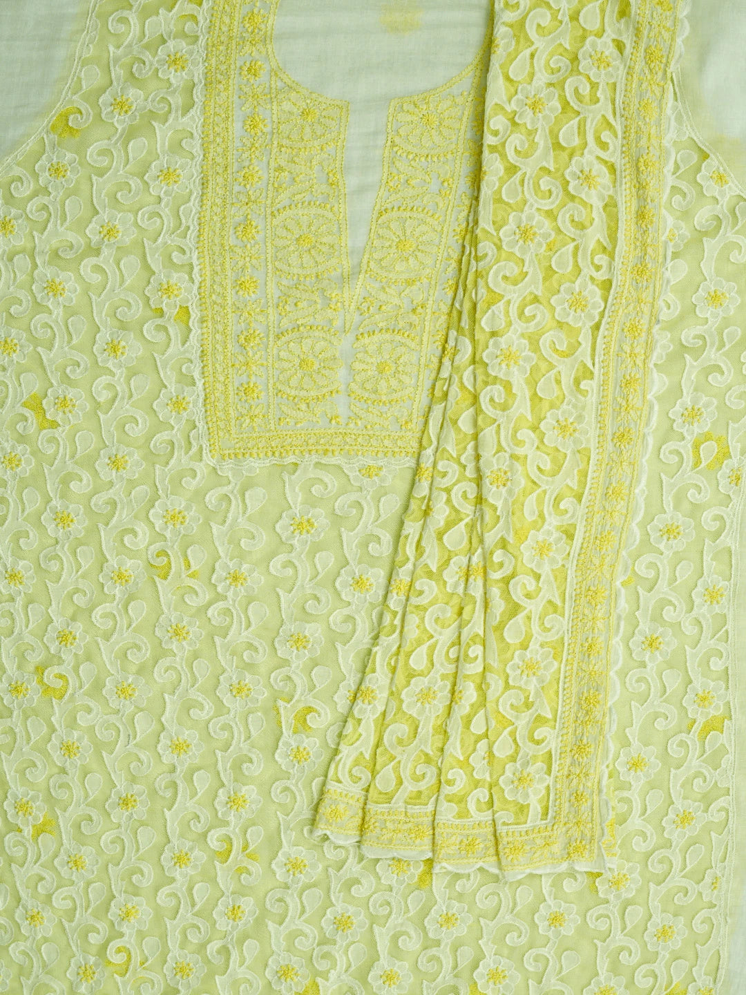 Ada Hand Embroidered White Cotton Lucknowi Chikankari Unstitched Kurta Dupatta Set 01A743508