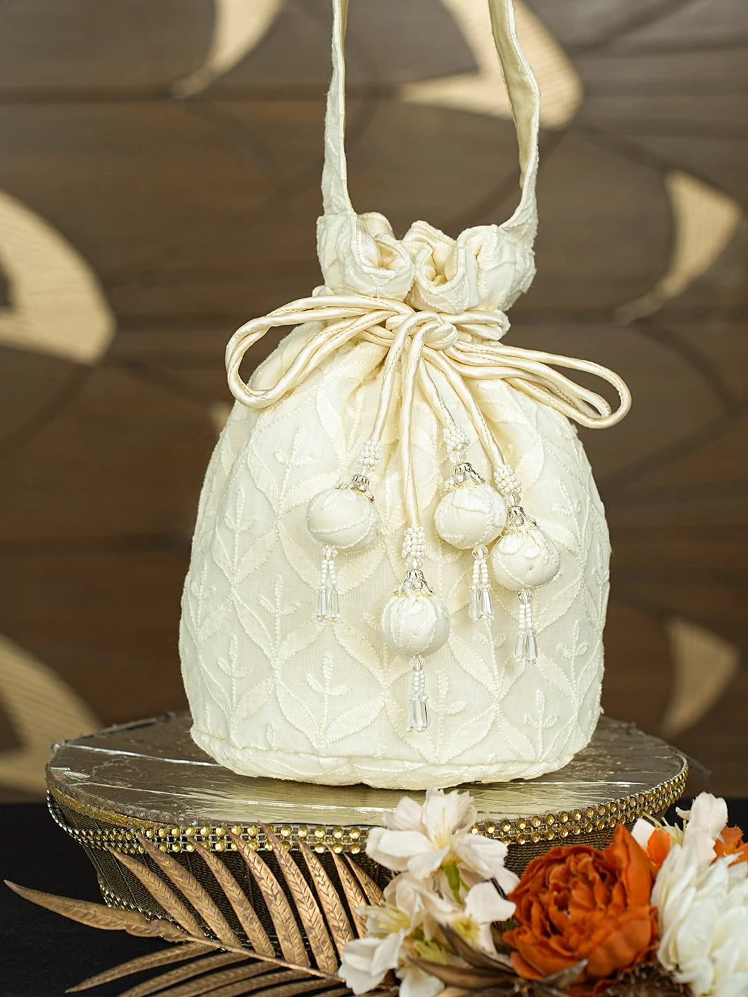 Ada Hand Embroidered Lemon Cotton Lucknowi Chikankari Potli Bag With Pearl Work 08A503431