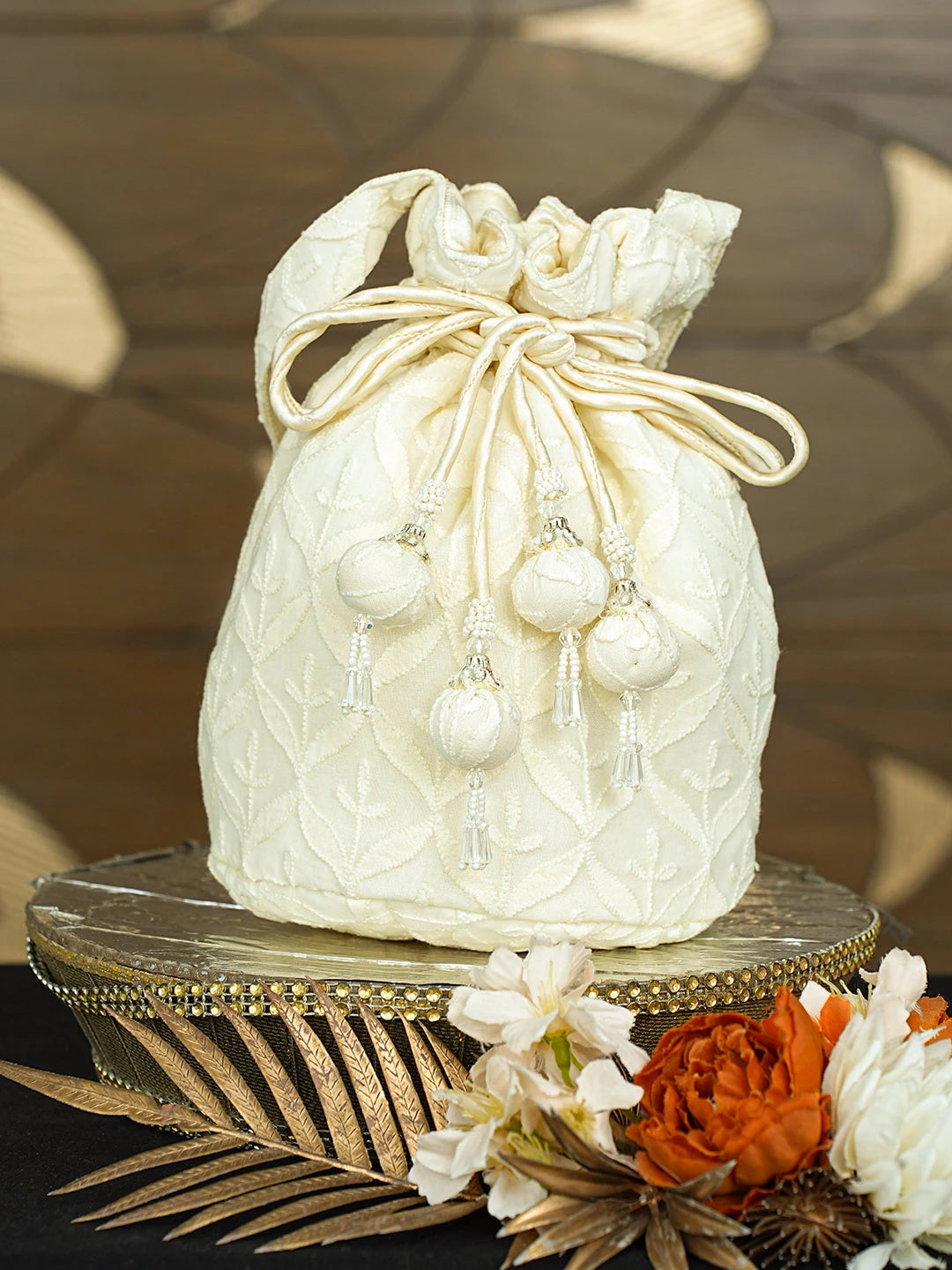Ada Hand Embroidered Lemon Cotton Lucknowi Chikankari Potli Bag With Pearl Work 08A503431