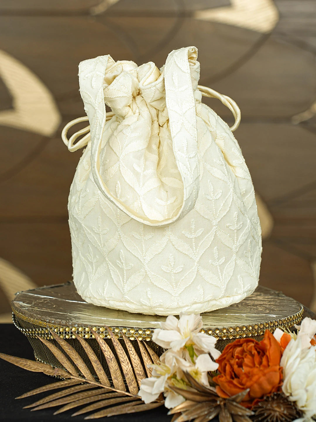 Ada Hand Embroidered Lemon Cotton Lucknowi Chikankari Potli Bag With Pearl Work 08A503431