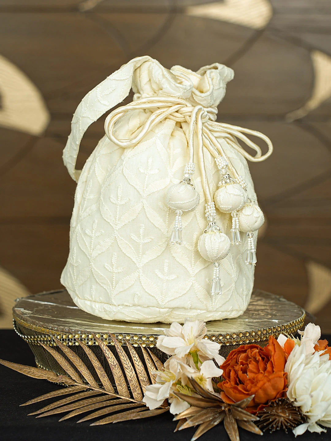 Ada Hand Embroidered Lemon Cotton Lucknowi Chikankari Potli Bag With Pearl Work 08A503431