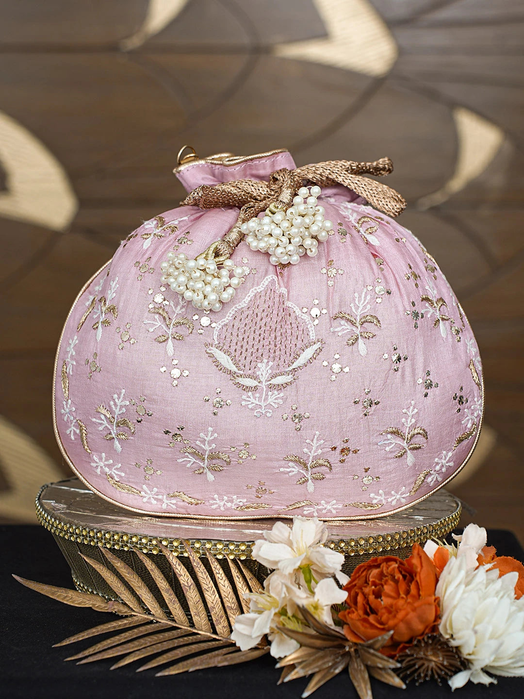 Ada Hand Embroidered Pink Silk Lucknowi Chikankari Potli Bag With Mukaish Work 01A815358
