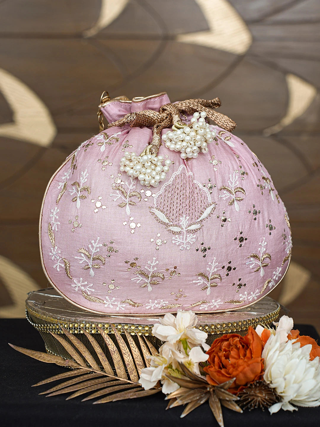 Ada Hand Embroidered Pink Silk Lucknowi Chikankari Potli Bag With Mukaish Work 01A815358