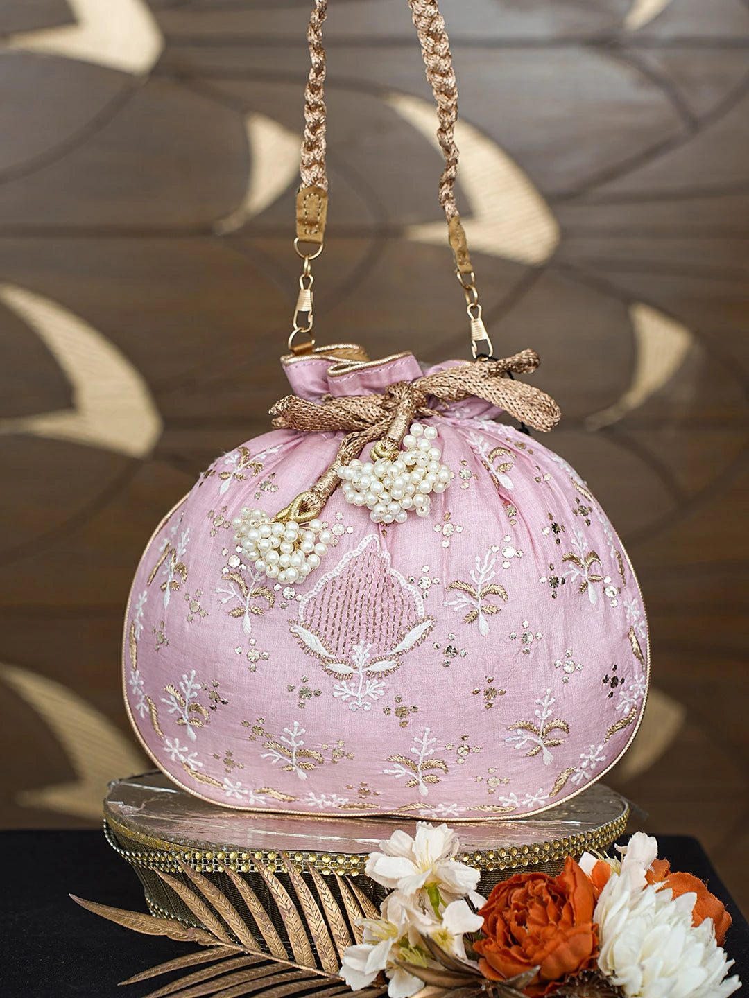 Ada Hand Embroidered Pink Silk Lucknowi Chikankari Potli Bag With Mukaish Work 01A815358