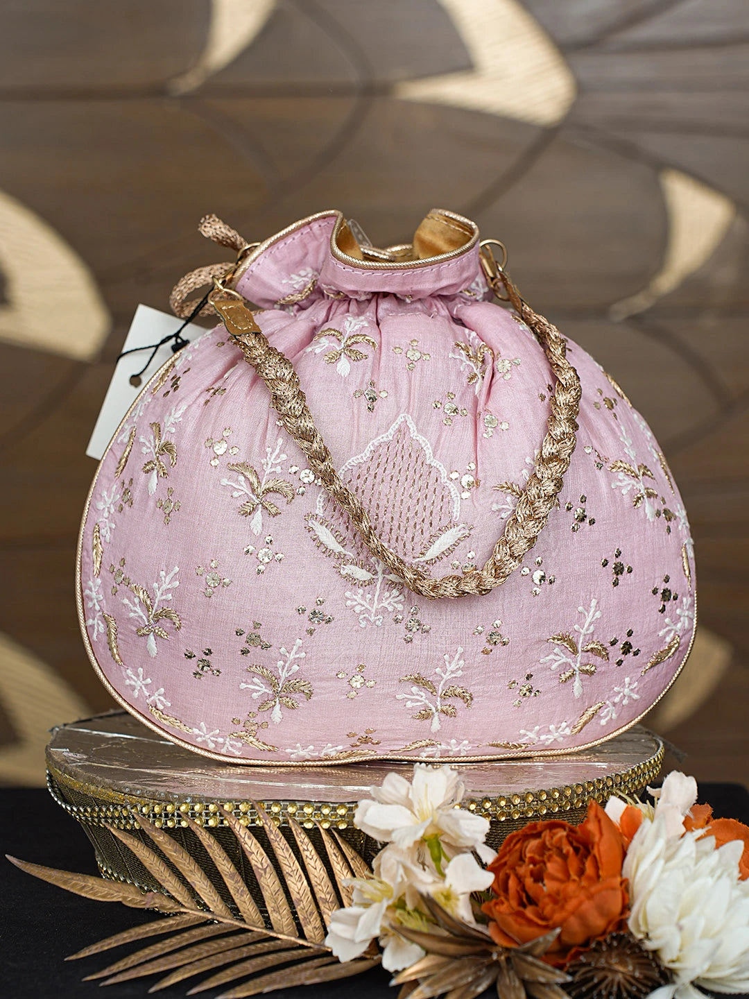 Ada Hand Embroidered Pink Silk Lucknowi Chikankari Potli Bag With Mukaish Work 01A815358