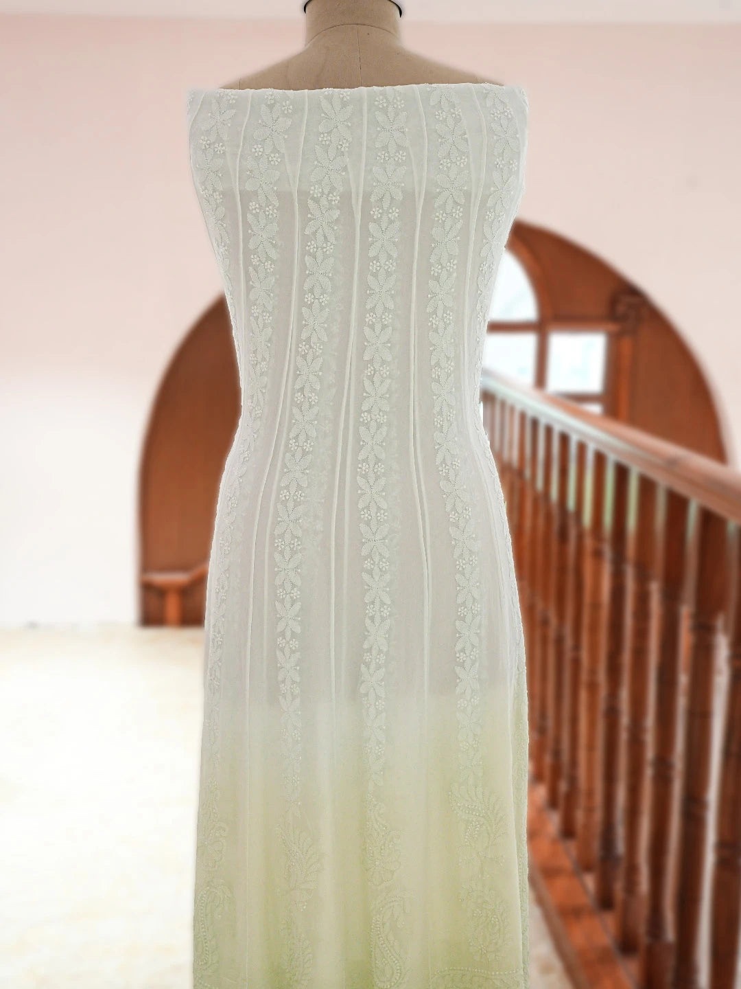 Ada Hand Embroidered Ombre Shade Of Lime Green Viscose Georgette Lucknowi Chikankari Semi-Stitched Anarkali Kurta Dupatta Set 01A794896