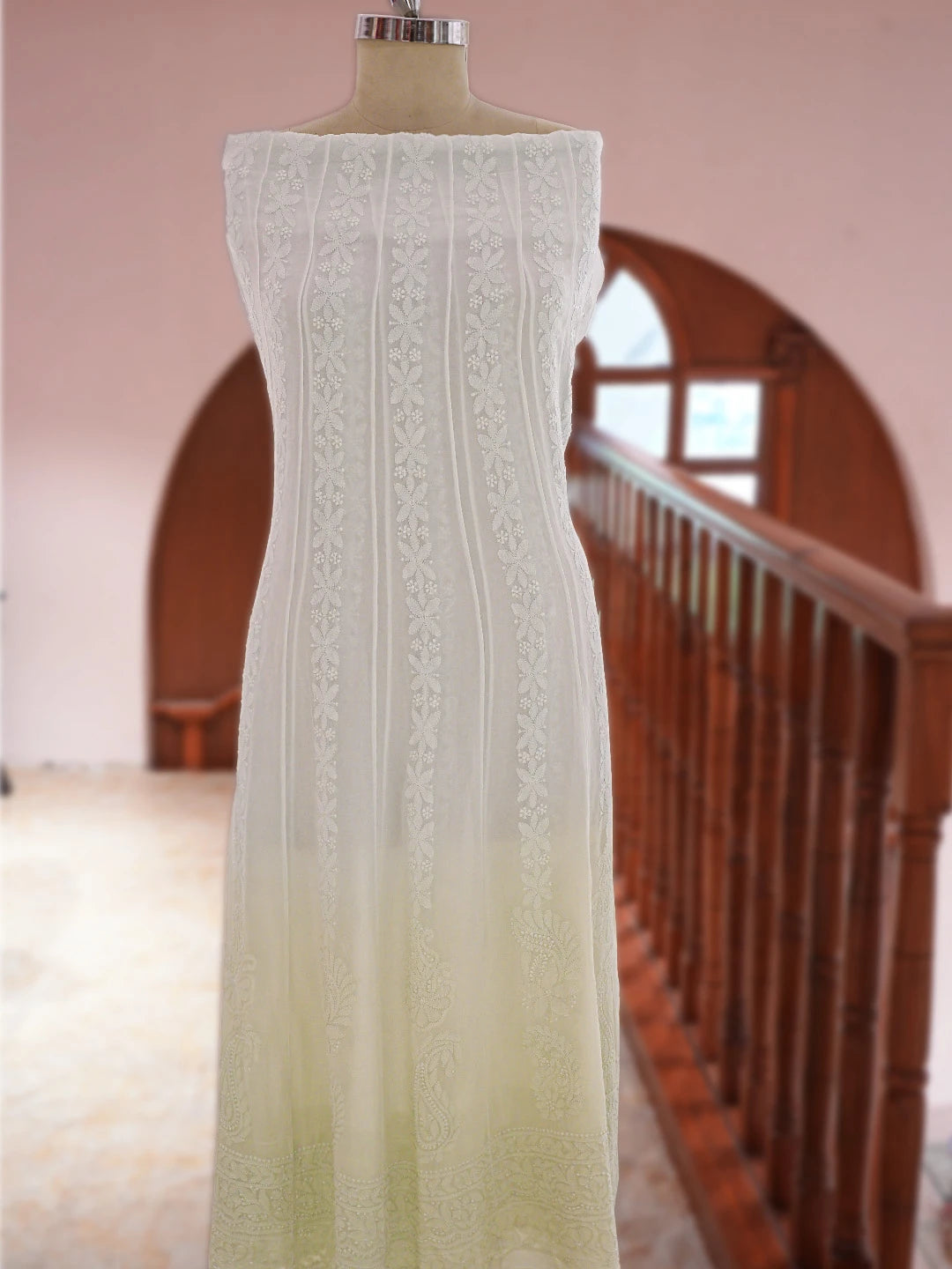 Ada Hand Embroidered Ombre Shade Of Lime Green Viscose Georgette Lucknowi Chikankari Semi-Stitched Anarkali Kurta Dupatta Set 01A794896