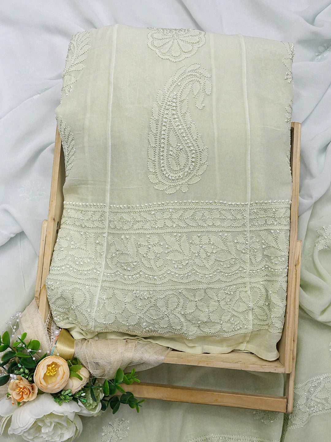 Ada Hand Embroidered Ombre Shade Of Lime Green Viscose Georgette Lucknowi Chikankari Semi-Stitched Anarkali Kurta Dupatta Set 01A794896