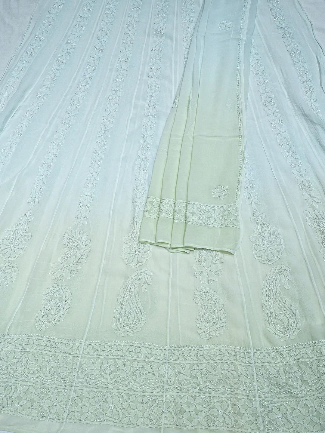 Ada Hand Embroidered Ombre Shade Of Lime Green Viscose Georgette Lucknowi Chikankari Semi-Stitched Anarkali Kurta Dupatta Set 01A794896