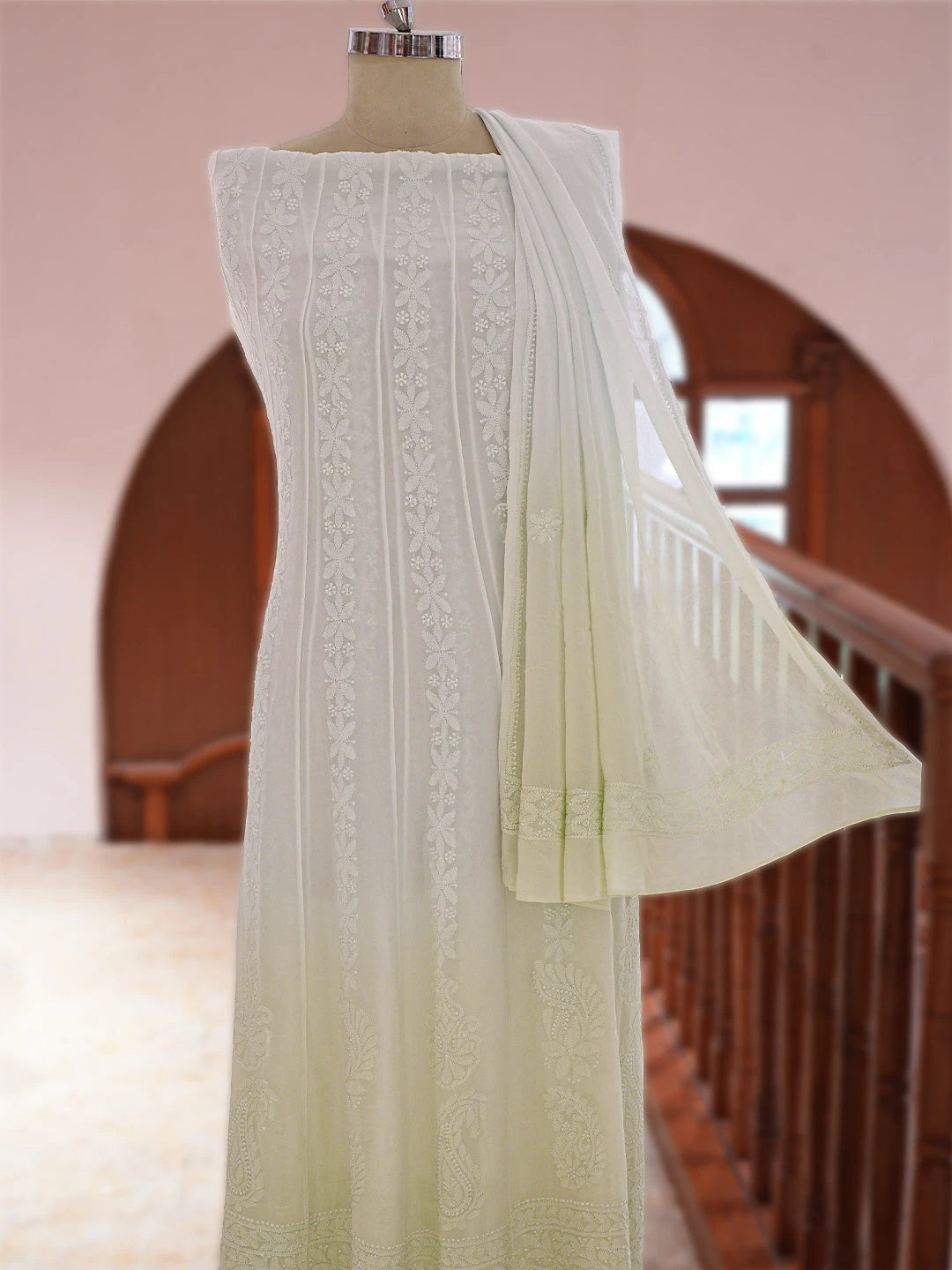 Ada Hand Embroidered Ombre Shade Of Lime Green Viscose Georgette Lucknowi Chikankari Semi-Stitched Anarkali Kurta Dupatta Set 01A794896