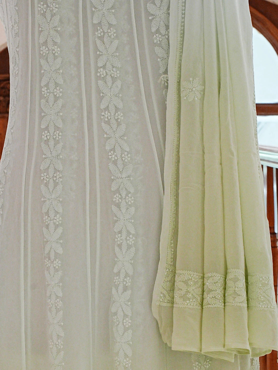 Ada Hand Embroidered Ombre Shade Of Lime Green Viscose Georgette Lucknowi Chikankari Semi-Stitched Anarkali Kurta Dupatta Set 01A794896