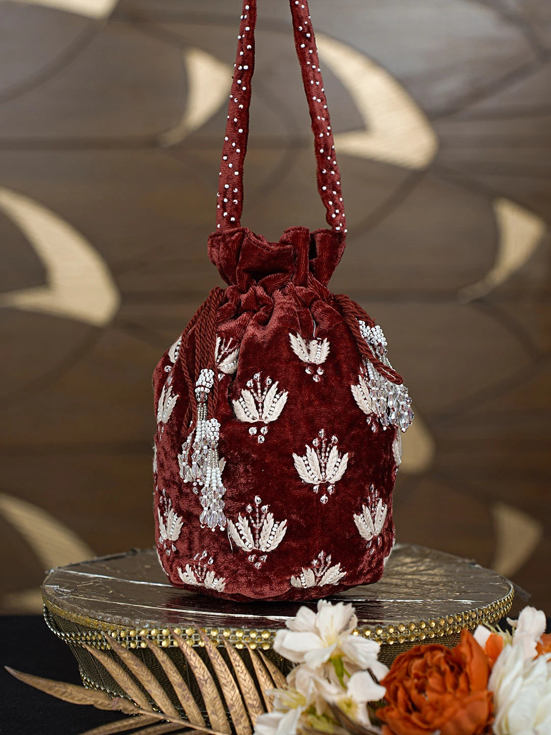 Ada Hand Embroidered Maroon Velvet Lucknowi Chikankari Potli Bag With Cutdana Work 08A503433
