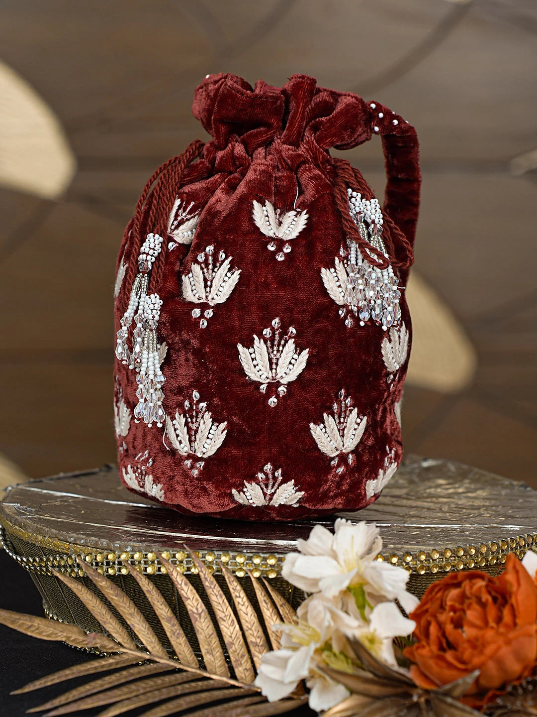 Ada Hand Embroidered Maroon Velvet Lucknowi Chikankari Potli Bag With Cutdana Work 08A503433