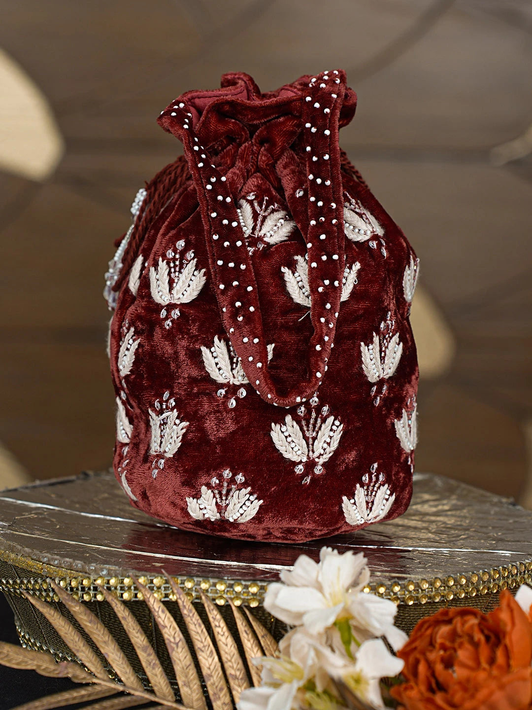Ada Hand Embroidered Maroon Velvet Lucknowi Chikankari Potli Bag With Cutdana Work 08A503433