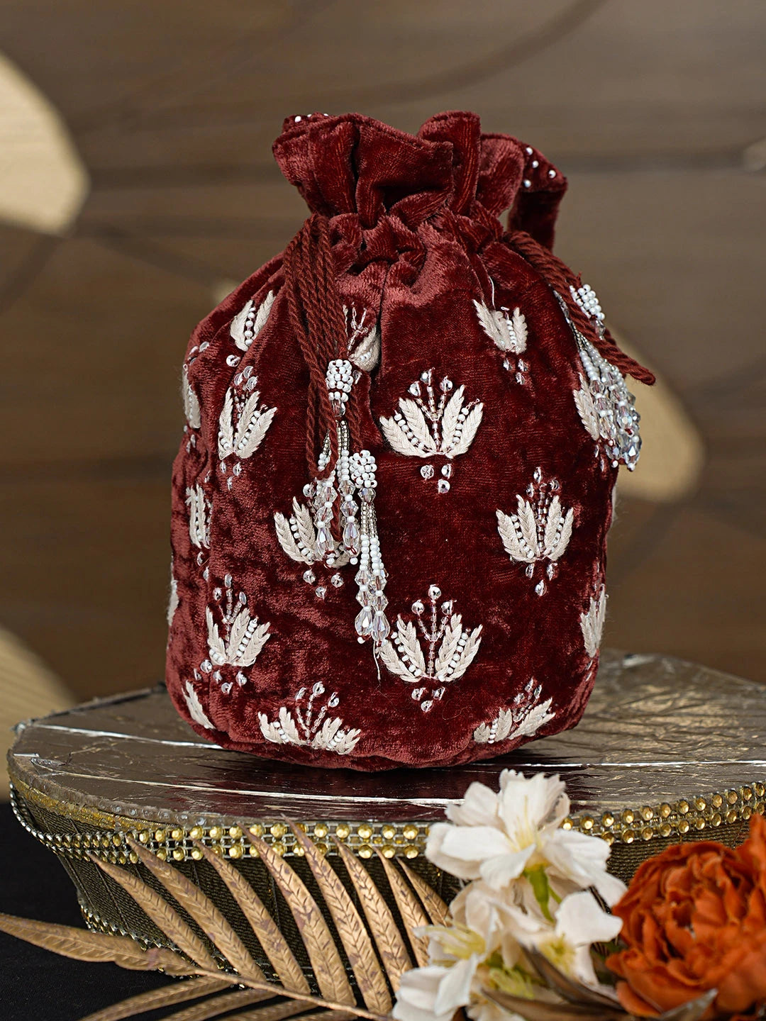 Ada Hand Embroidered Maroon Velvet Lucknowi Chikankari Potli Bag With Cutdana Work 08A503433
