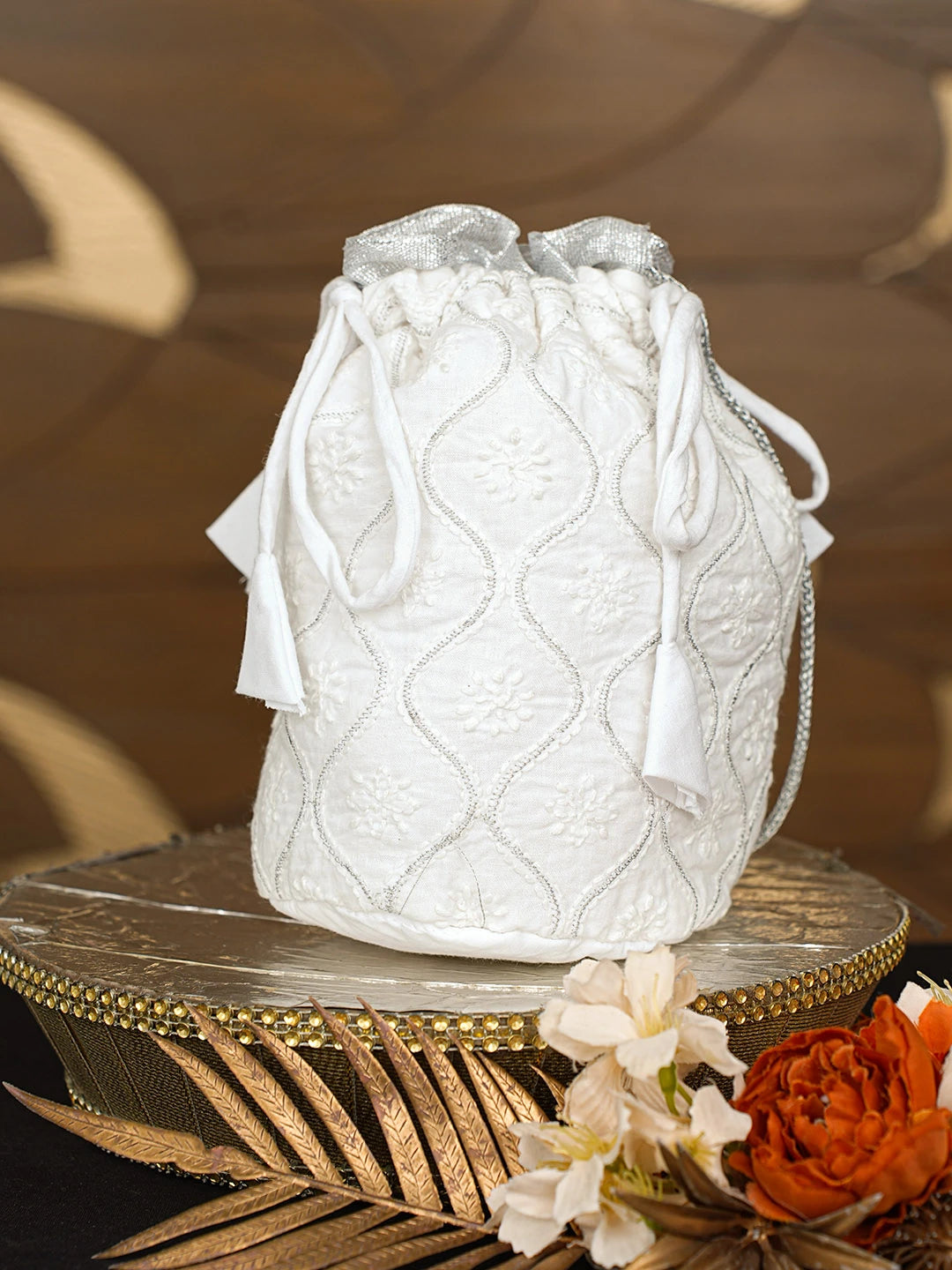 Ada Hand Embroidered White Cotton Lucknowi Chikankari Potli Bag With Zari Work 08A502803