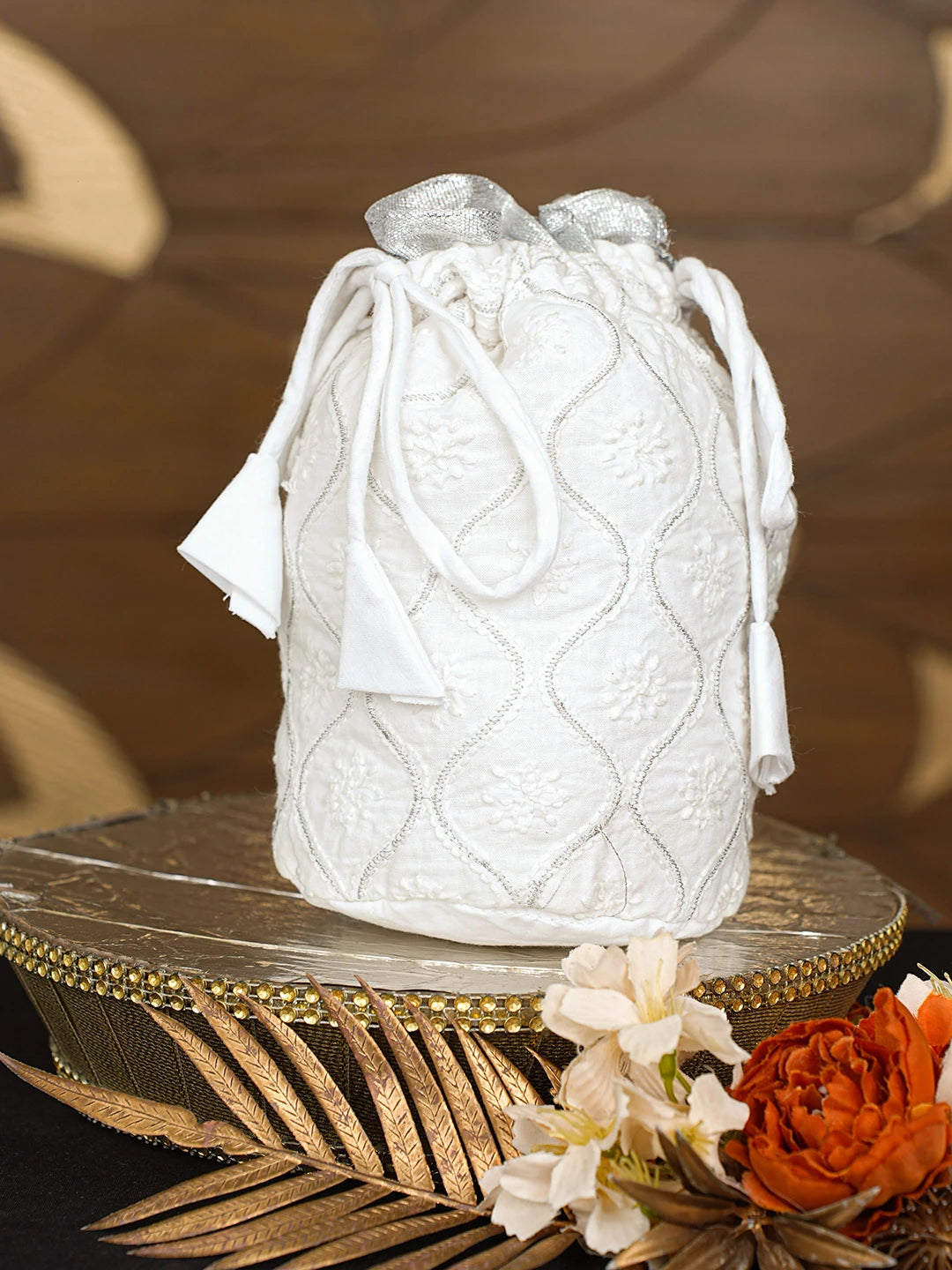 Ada Hand Embroidered White Cotton Lucknowi Chikankari Potli Bag With Zari Work 08A502803