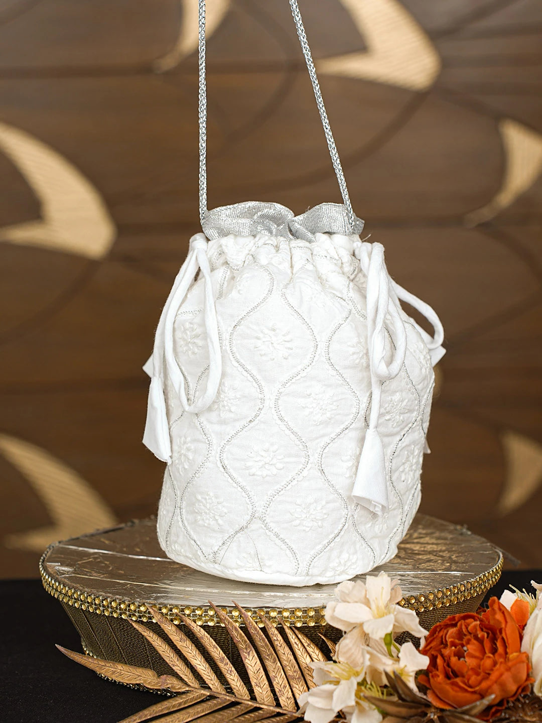 Ada Hand Embroidered White Cotton Lucknowi Chikankari Potli Bag With Zari Work 08A502803