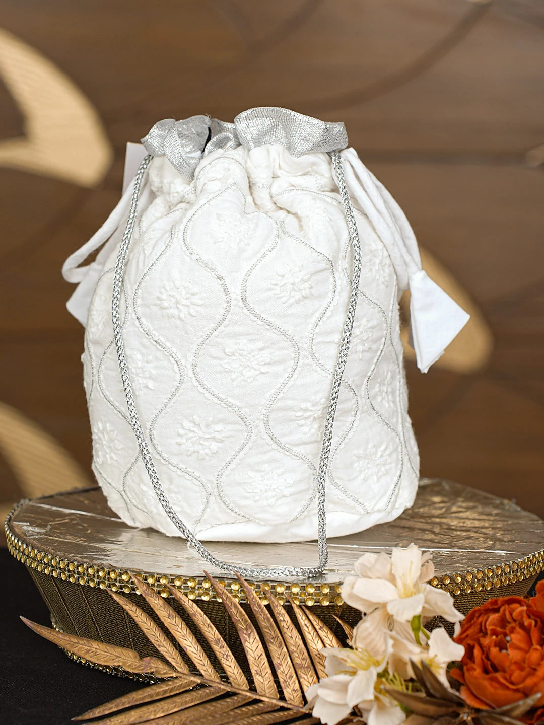 Ada Hand Embroidered White Cotton Lucknowi Chikankari Potli Bag With Zari Work 08A502803