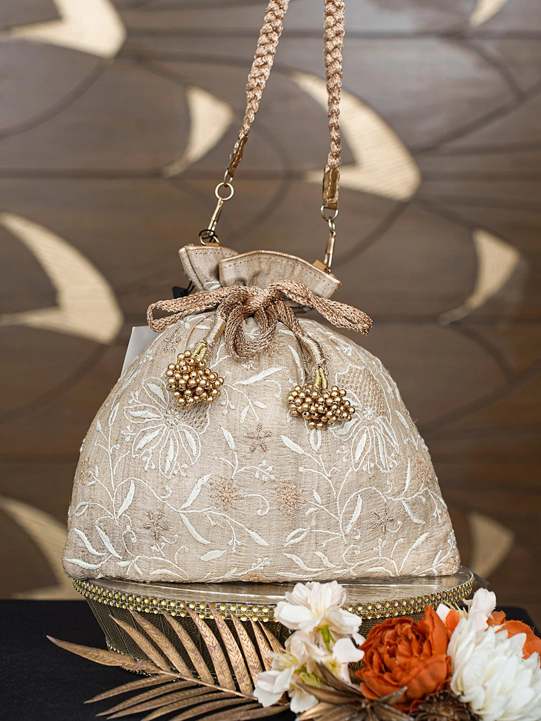 Ada Hand Embroidered Fawn Silk Lucknowi Chikankari Potli Bag With Zari Work 01A808057