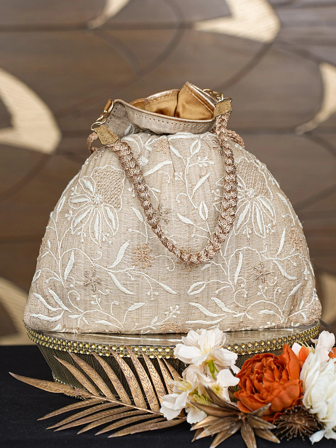 Ada Hand Embroidered Fawn Silk Lucknowi Chikankari Potli Bag With Zari Work 01A808057