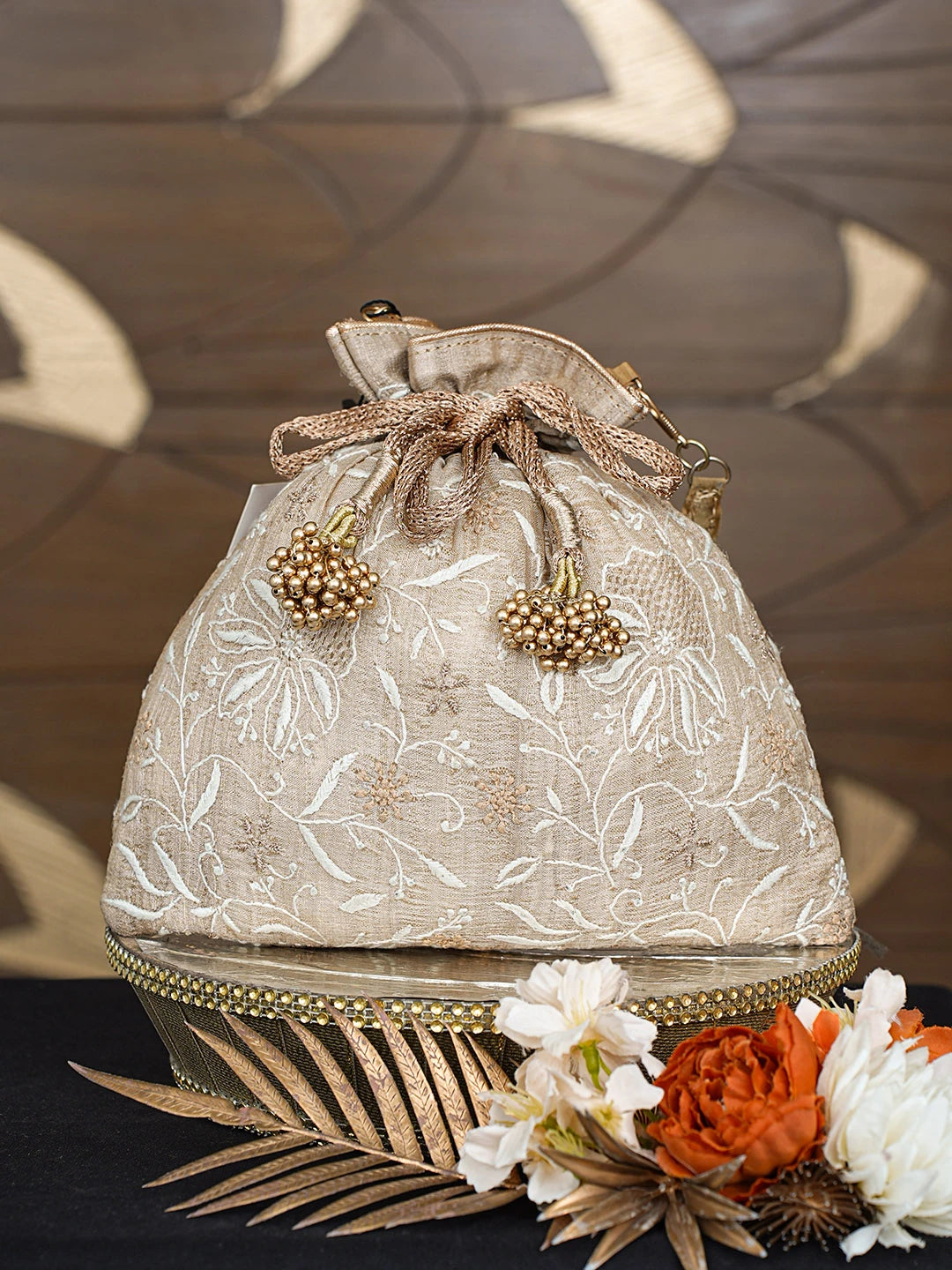 Ada Hand Embroidered Fawn Silk Lucknowi Chikankari Potli Bag With Zari Work 01A808057