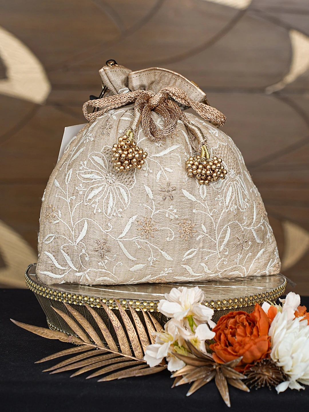 Ada Hand Embroidered Fawn Silk Lucknowi Chikankari Potli Bag With Zari Work 01A808057