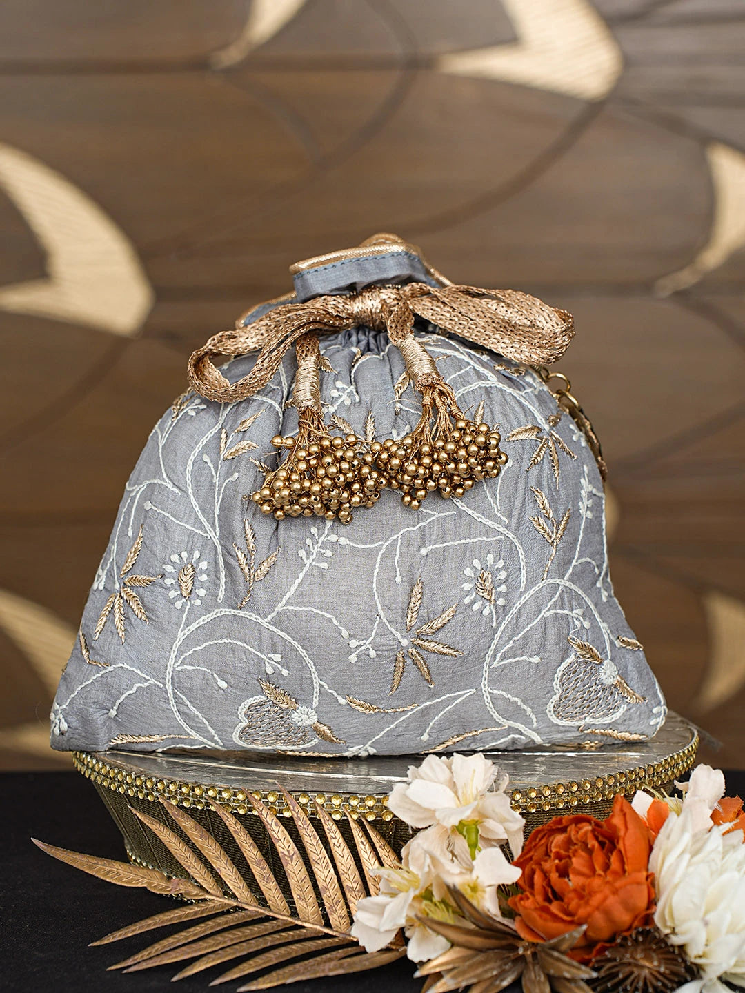 Ada Hand Embroidered Grey Silk Lucknowi Chikankari Potli Bag With Zari Work 01A738554