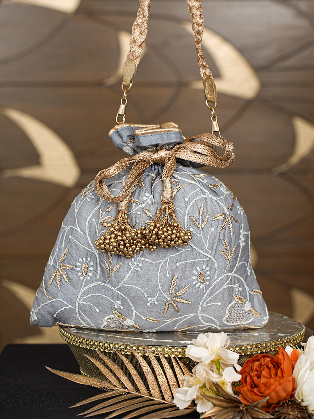 Ada Hand Embroidered Grey Silk Lucknowi Chikankari Potli Bag With Zari Work 01A738554