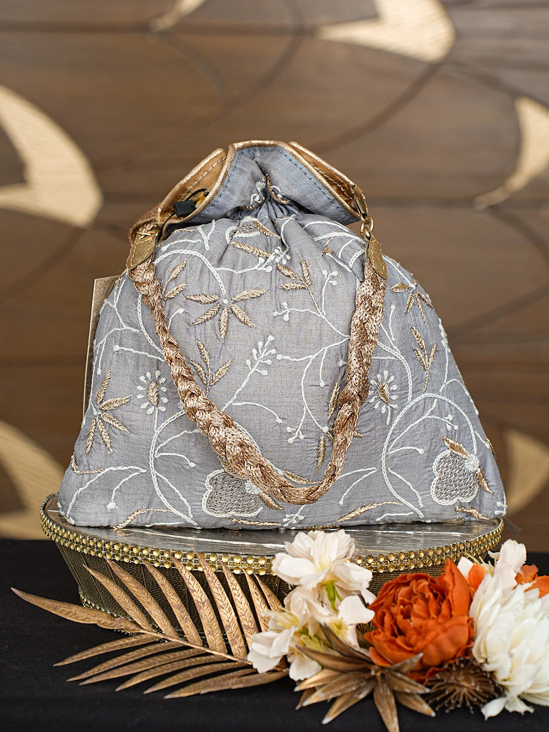 Ada Hand Embroidered Grey Silk Lucknowi Chikankari Potli Bag With Zari Work 01A738554