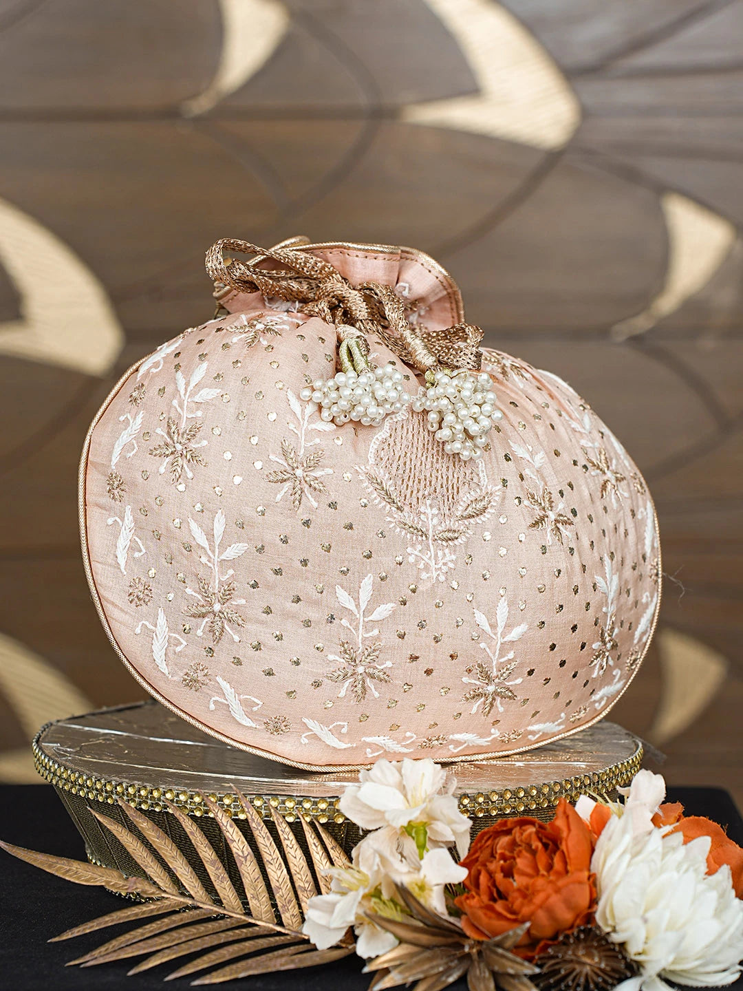 Ada Hand Embroidered Peach Silk Lucknowi Chikankari Potli Bag With Mukaish Work 01A680721