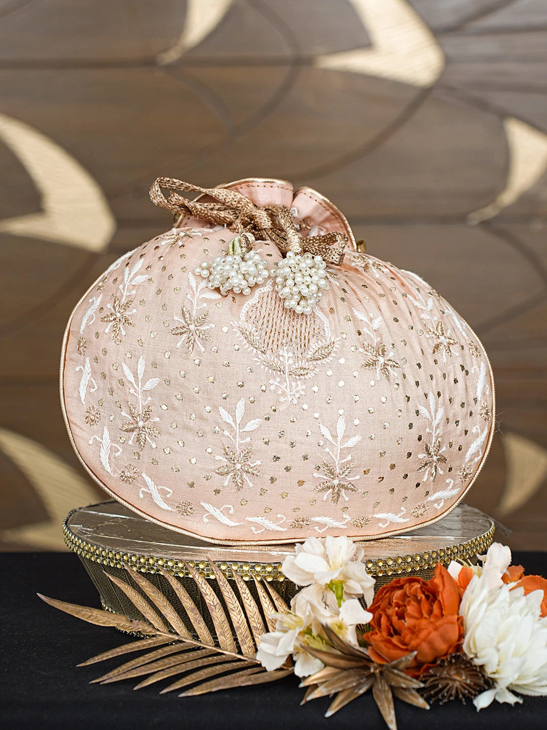 Ada Hand Embroidered Peach Silk Lucknowi Chikankari Potli Bag With Mukaish Work 01A680721